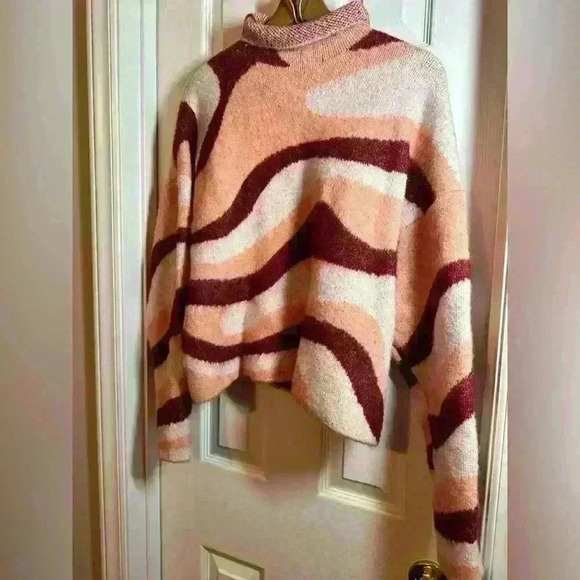 Zara Bloggers Pink Burgundy Jacquard Wave Mock Neck Sweater Medium Maximalist - Picture 7 of 9